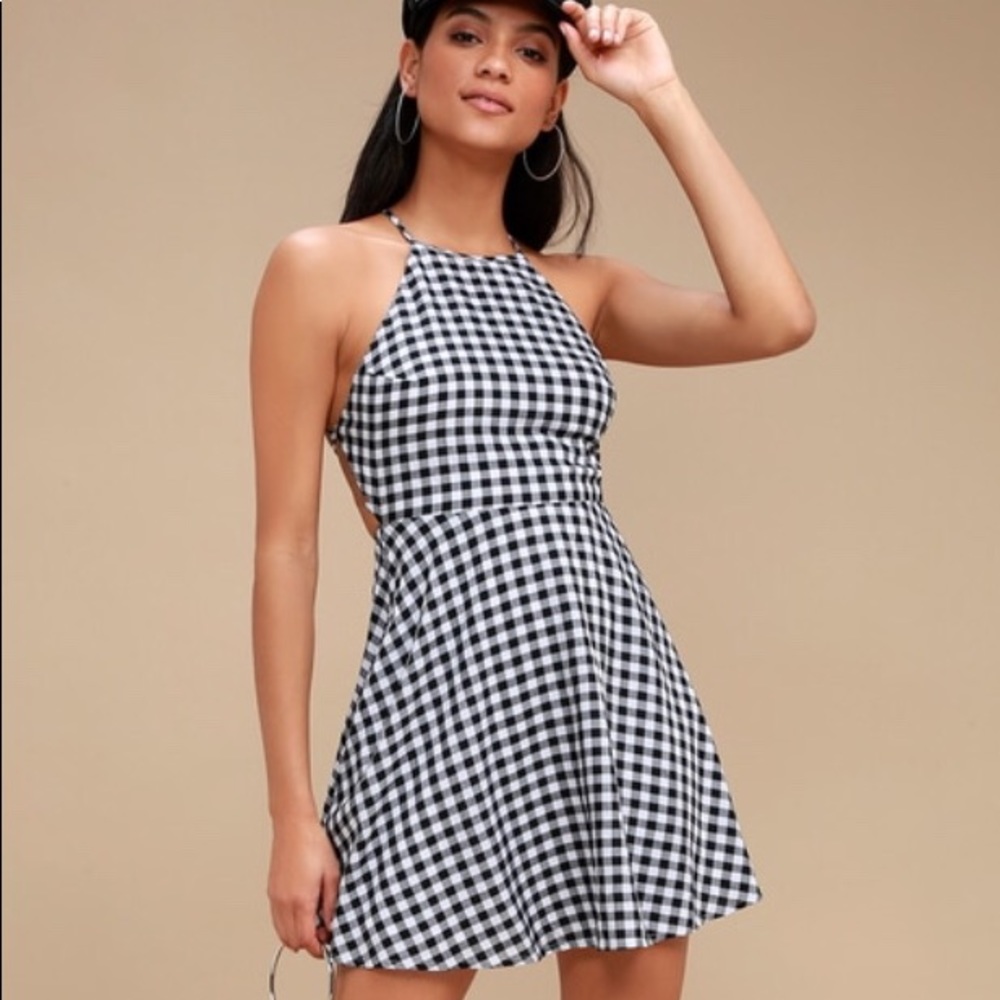 Black and White Gingham Lace-Up Skater Dress